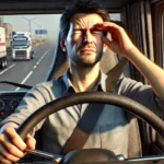 bilförare i en flyttbil som kisar ansträngt bakom ratten, vilket antyder problem med synen och osäker körning
