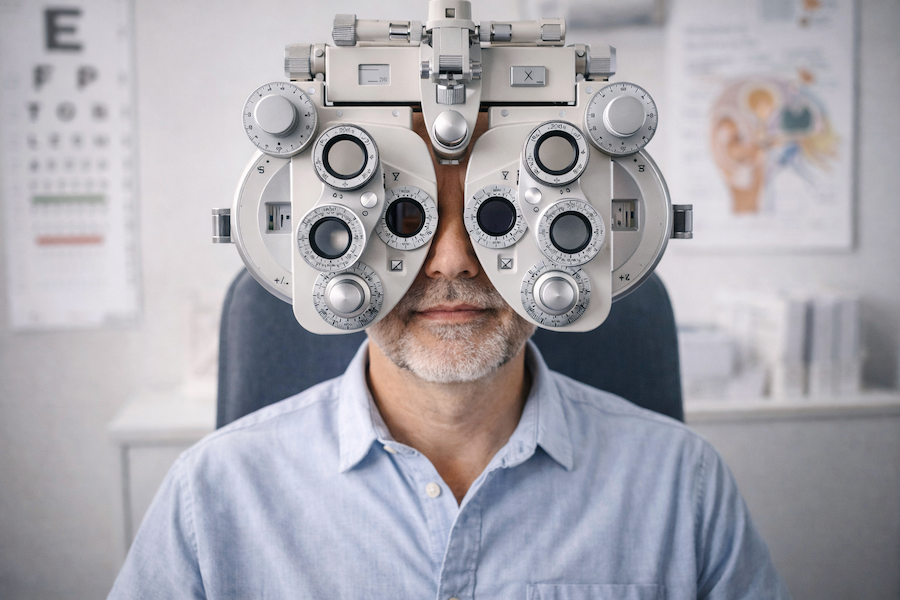 Bilförare genomför syntest inför säker bilkörning – man i medelåldern gör synundersökning med avancerad utrustning på ögonklinik.
