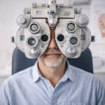 Bilförare genomför syntest inför säker bilkörning – man i medelåldern gör synundersökning med avancerad utrustning på ögonklinik.