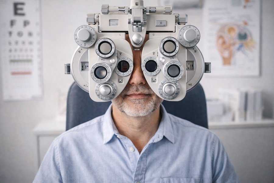 Bilförare genomför syntest inför säker bilkörning – man i medelåldern gör synundersökning med avancerad utrustning på ögonklinik.